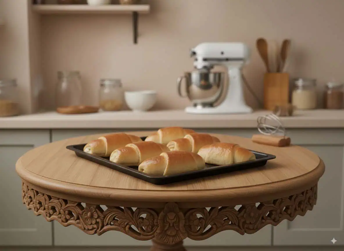 Horno casero de panecillos en un ambiente de cocina moderna con utensilios y electrodomésticos blancos.