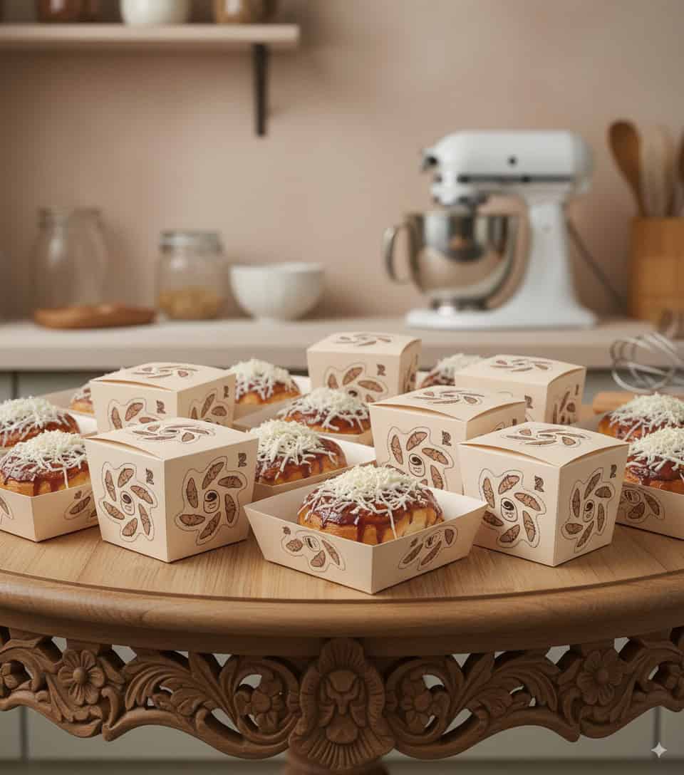 Deliciosos donuts con glaseado y coco rallado, presentados en cajas de cartón decoradas, sobre una mesa de madera en una cocina con batidora y utensilios de cocina.